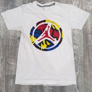 Men's White Graphic Tee with Multicolor Design